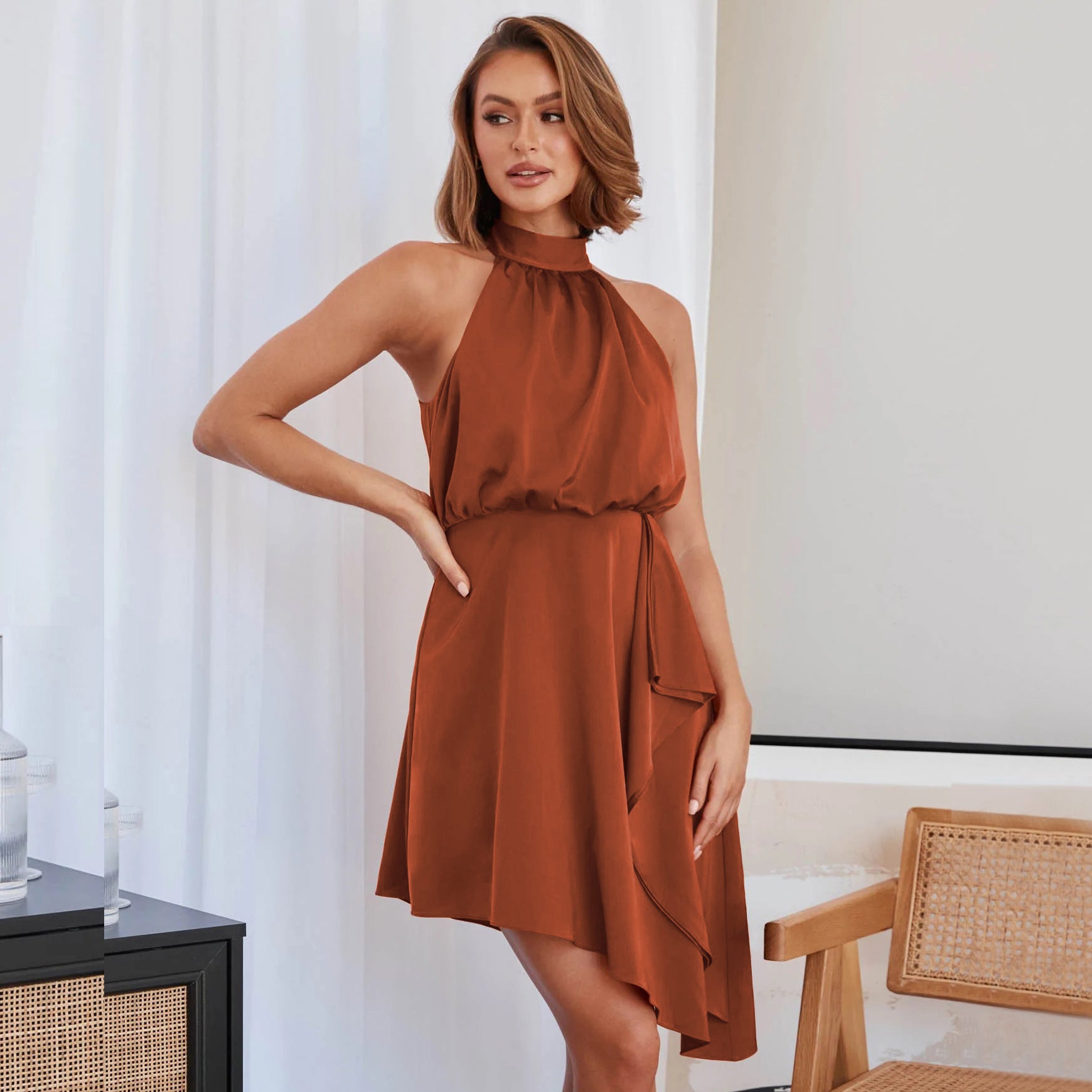 Satin Hanging Neck Dress - Ztroc