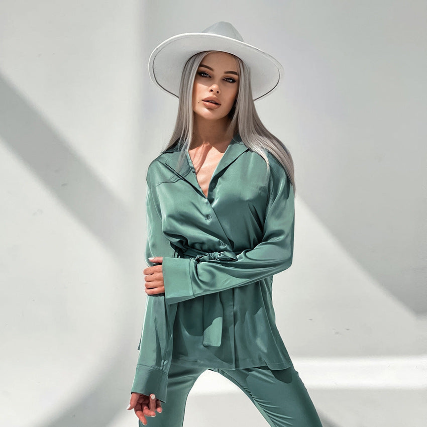 Satin Imitation Silk Green Flared Sleeve Long-sleeved Trousers Suit - Ztroc