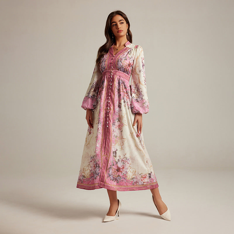 V-neck Vintage Printed Maxi Dress - Ztroc