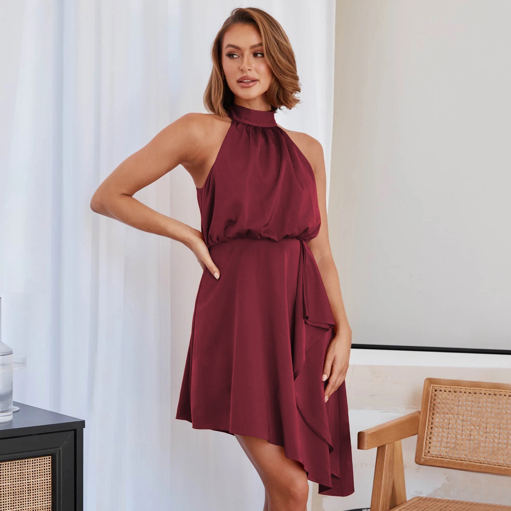 Satin Hanging Neck Dress - Ztroc