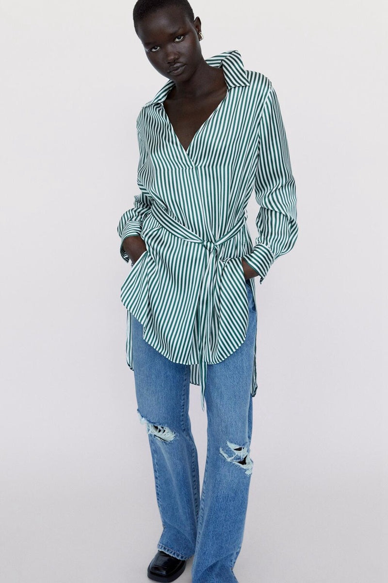 Silk Satin Striped Shirt With Belt - Ztroc