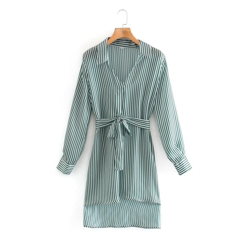 Silk Satin Striped Shirt With Belt - Ztroc