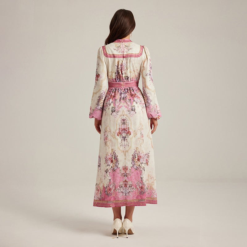 V-neck Vintage Printed Maxi Dress - Ztroc