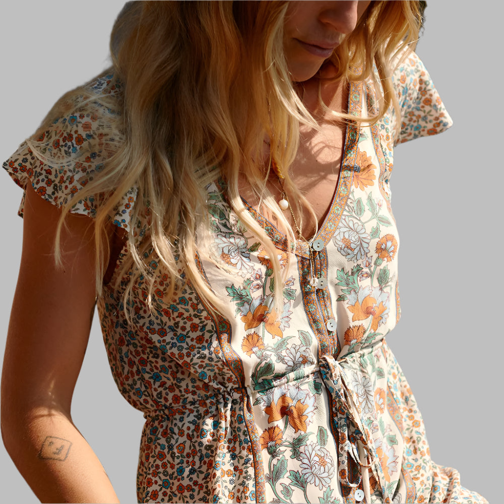 V-neck lace short sleeve dress - Ztroc