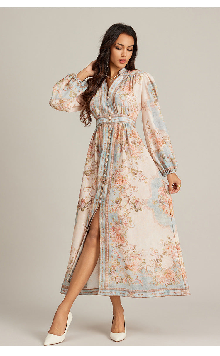 V-neck Vintage Printed Maxi Dress - Ztroc