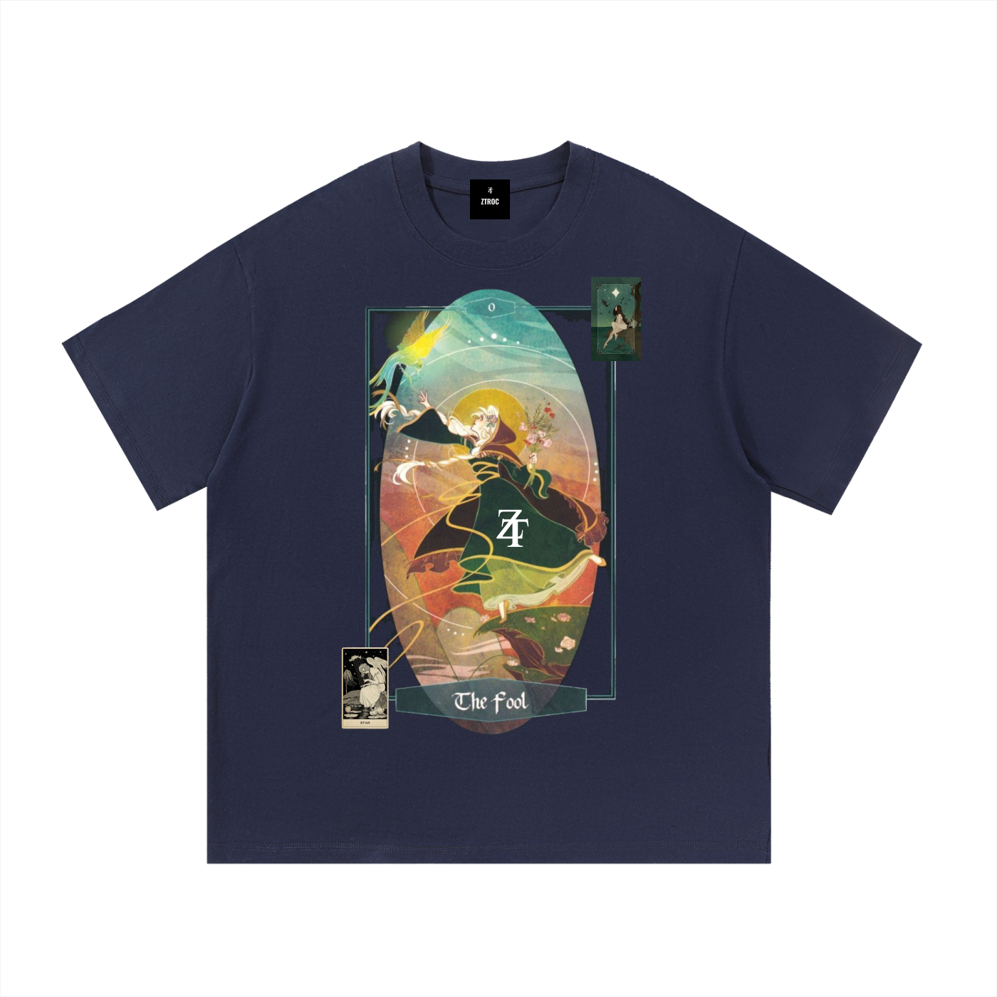Navy blue t-shirt with artistic design and 'The Fool'.