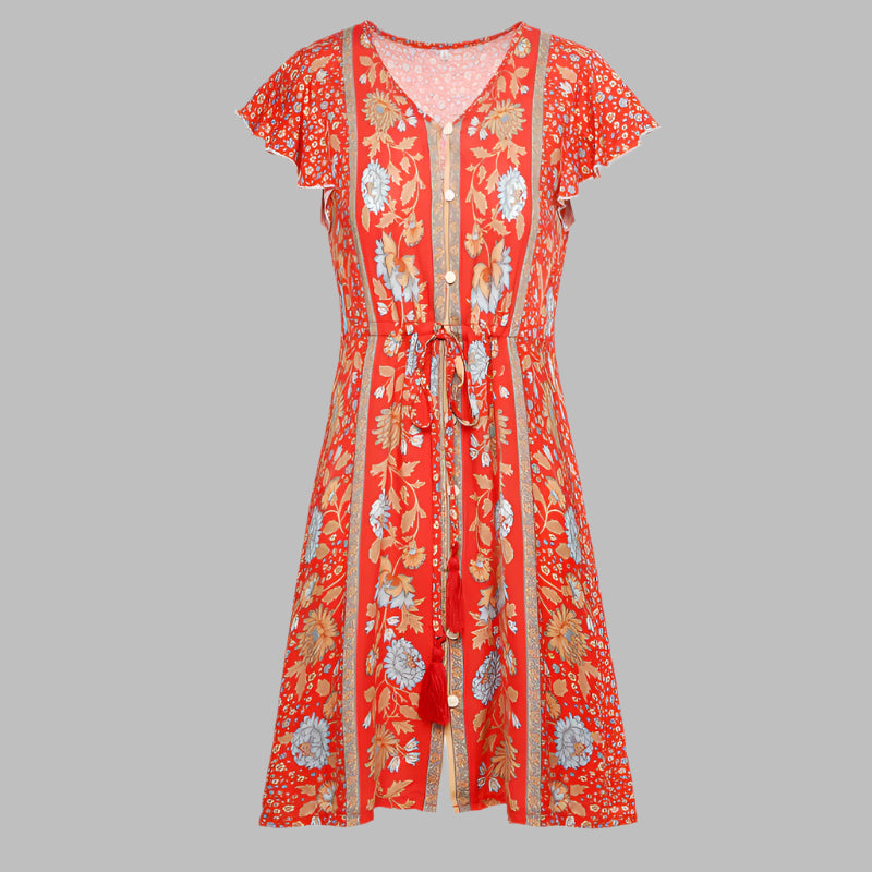 V-neck lace short sleeve dress - Ztroc