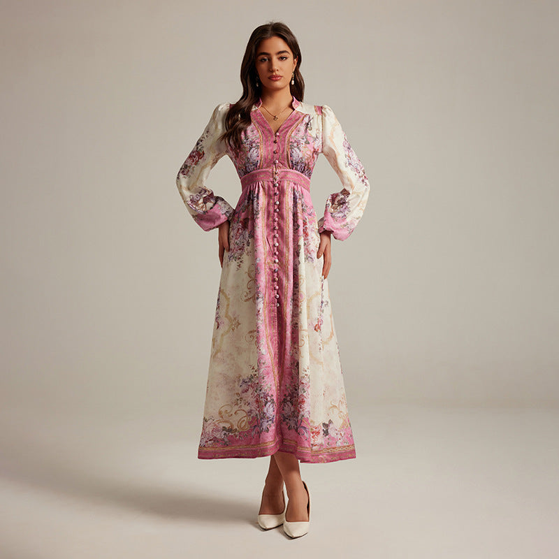 V-neck Vintage Printed Maxi Dress