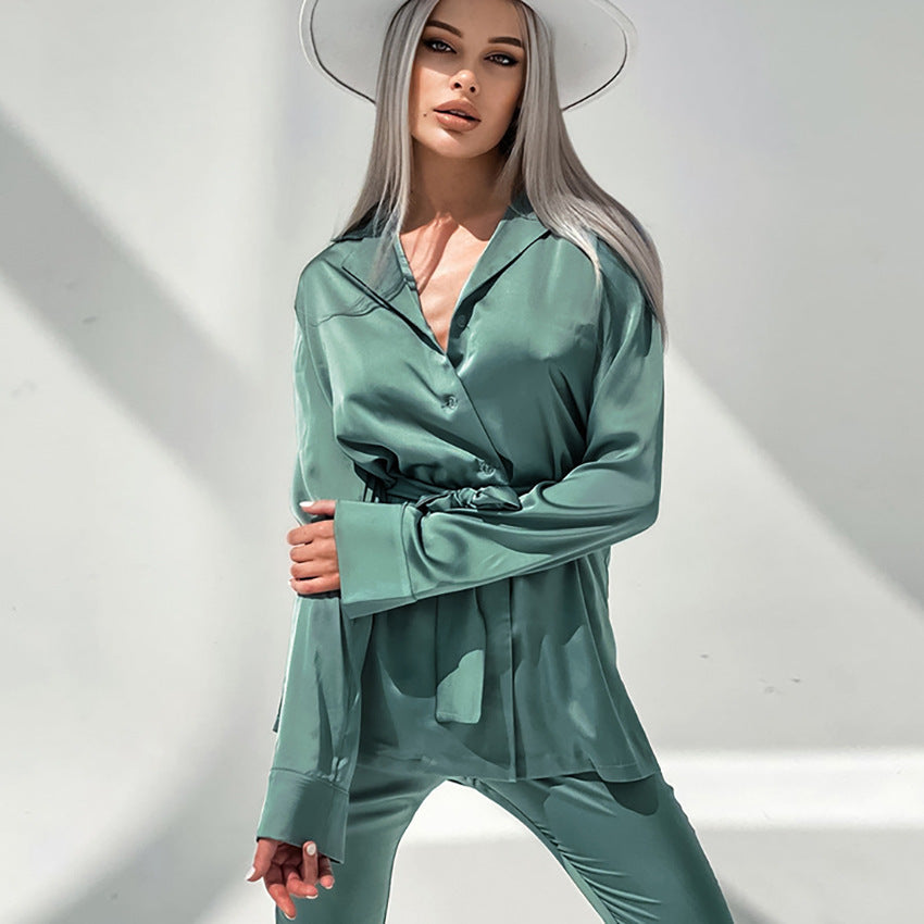 Satin Imitation Silk Green Flared Sleeve Long-sleeved Trousers Suit - Ztroc