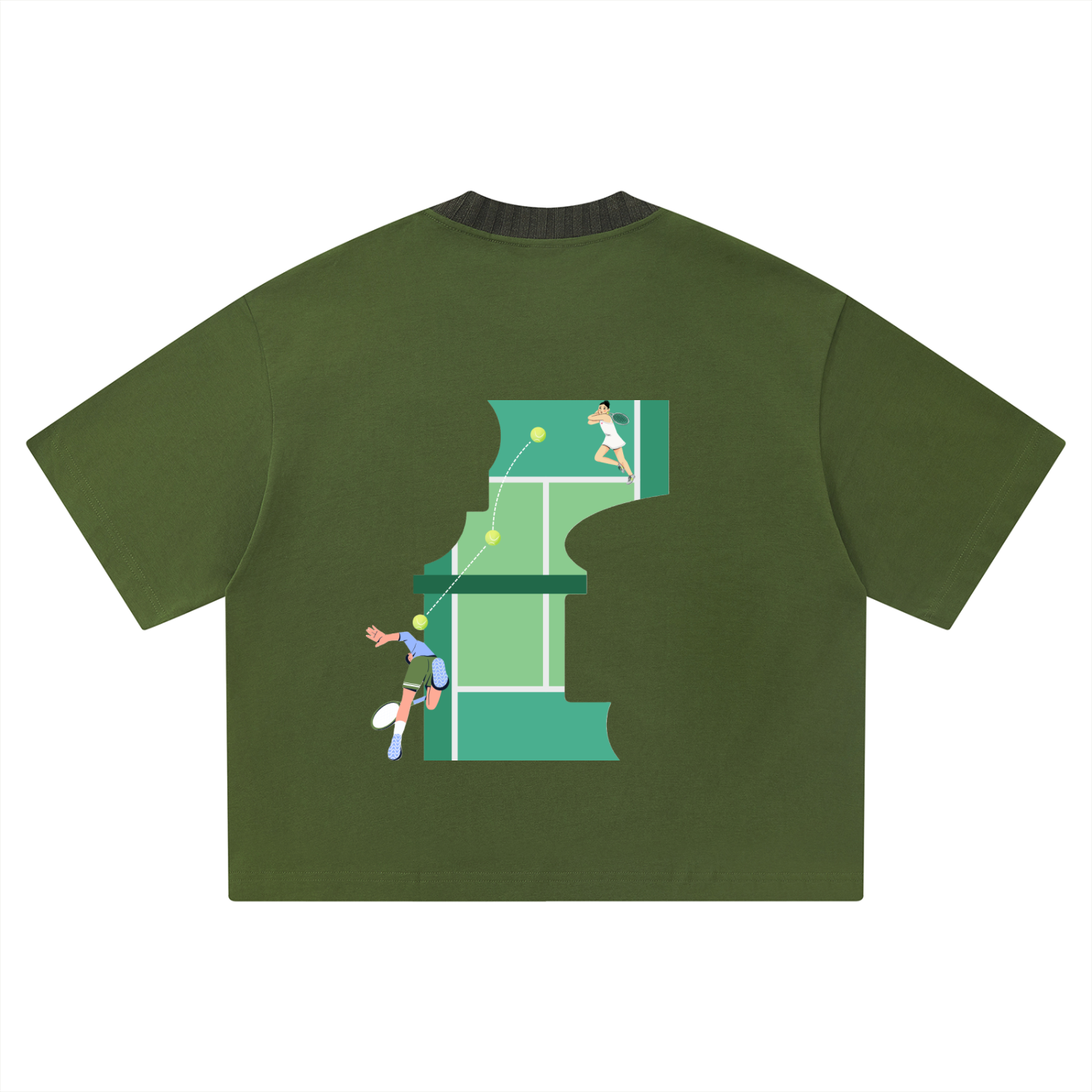 Green t-shirt with a ztroc design of a tennis court .