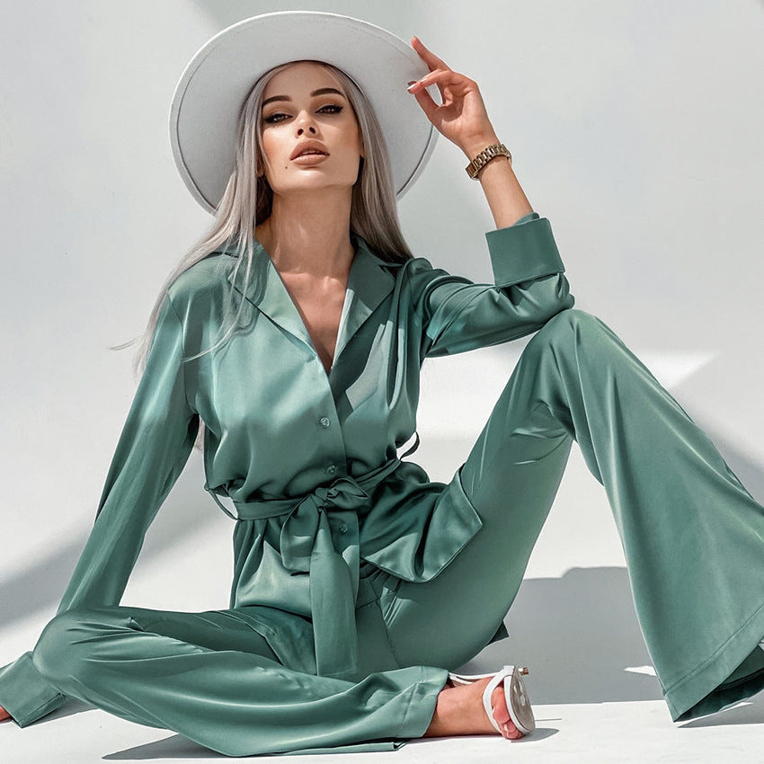 Satin Imitation Silk Green Flared Sleeve Long-sleeved Trousers Suit - Ztroc