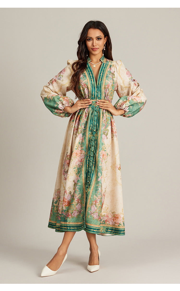 V-neck Vintage Printed Maxi Dress - Ztroc