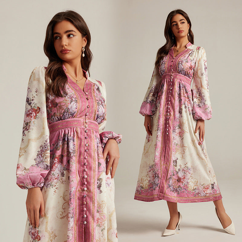 V-neck Vintage Printed Maxi Dress - Ztroc