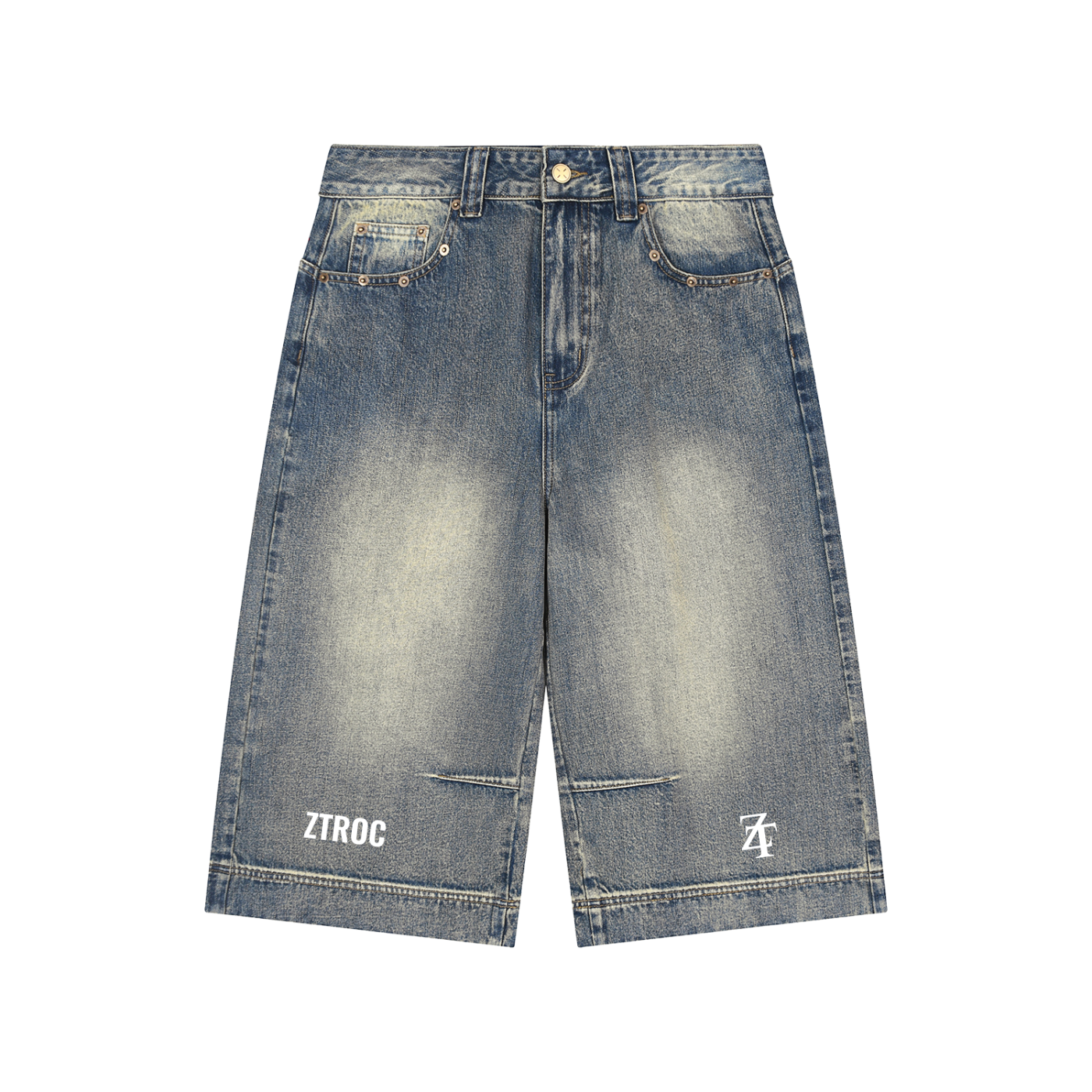 Blue denim shorts with brand logos on a white background
