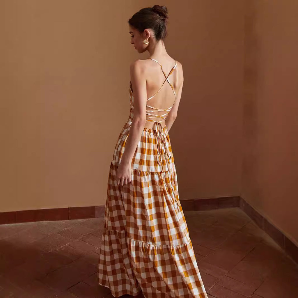 Dress Plaid Backless - Ztroc