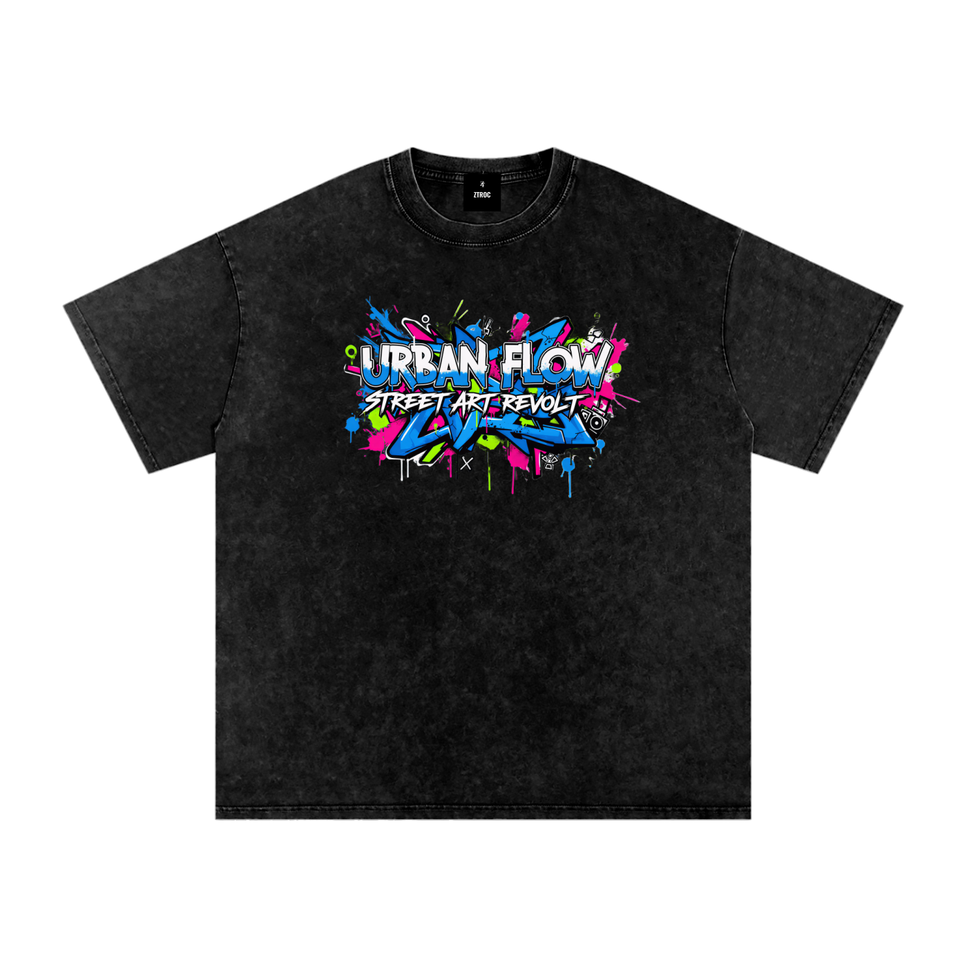 Black t-shirt with colorful 'Urban Flow Street Art Revolt' graphic on a white background